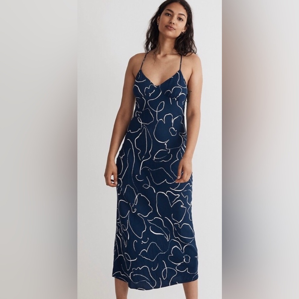 ✨ NWT Madewell "The Layton" Blue/White Midi Slip Dress in Linear Bloom Size 00 ✨